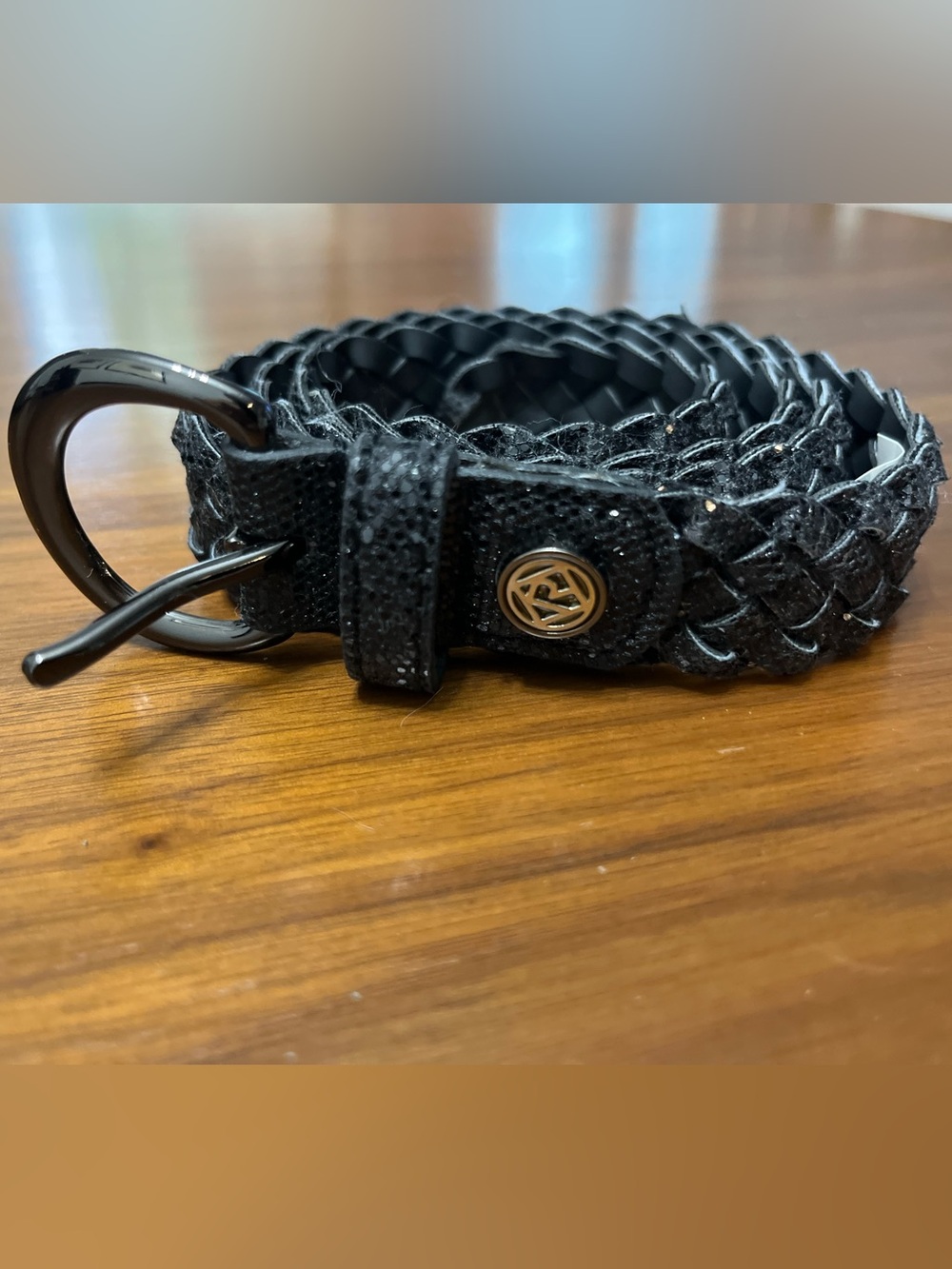 Glitter Braid Black Women’s Belt with Decorative Medallion